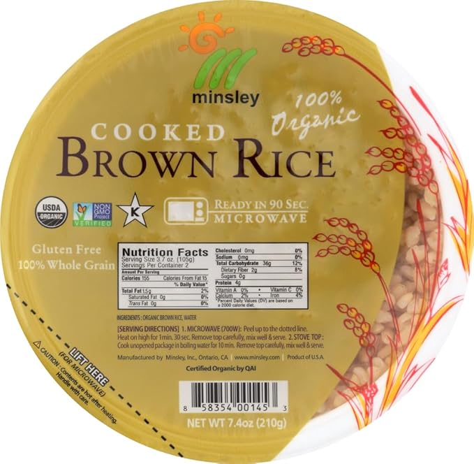 Minsley Cooked Brown Rice Bowl 100 Percent Organic Microwave Ready in 90 Seconds 7.4-Ounce Bowls Pack of 12