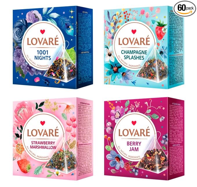 LOVARE Assorted Tea Variety Pack of 60 Pyramids - Made in Ukraine - Set of 4 Pyramid Tea Bags Boxes – 1001 Nights Strawberry Marshmallow Sparkling Splashes Berry Jam - Flavored tea Pyramid Bags