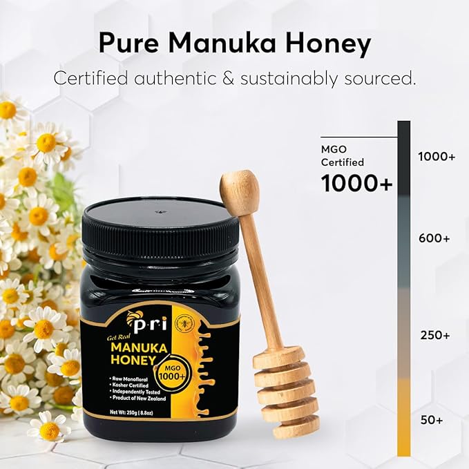 P.R.I Manuka Honey MGO 1000+ Ultra‑Potent Monofloral New Zealand Honey Rare Limited‑Harvest Cool‑Processed &amp QR‑Traceable (250g/8.8oz)