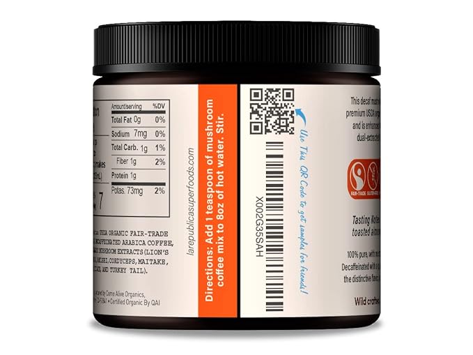 La Republica DECAF Organic Mushroom Coffee (35 Servings) with 7 Superfood Shrooms Great Tasting Instant Mix Includes Lion's Mane Reishi Chaga Cordyceps Shiitake Maitake and Turkey Tail (Decaffe