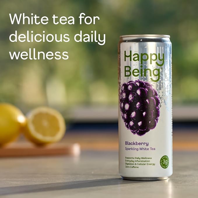 Happy Being Blackberry Sparkling White Tea – Antioxidant &amp Polyphenol Rich Infused with Turmeric Elderberry Caffeine Free Plant-Based Low Sugar &amp Low Calorie Drinks 12oz (16 Pack)