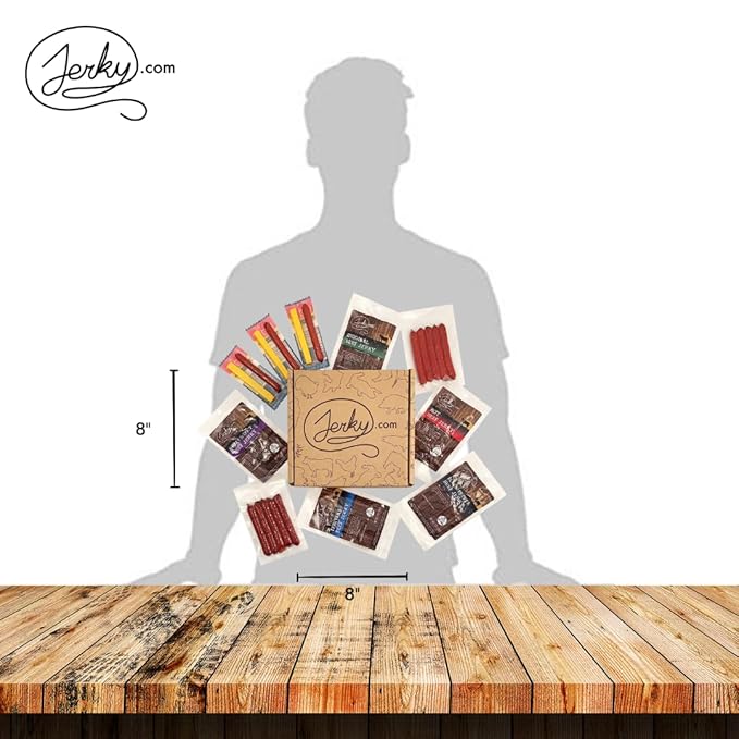 Jerky.com 21 Pieces of Beef Jerky Variety Pack &amp Meat Stick Gift Box for Men - Including 5 Flavors of Beef Jerky 13 Snack Sticks and 3 Cheese Sticks - Birthday gifts for men