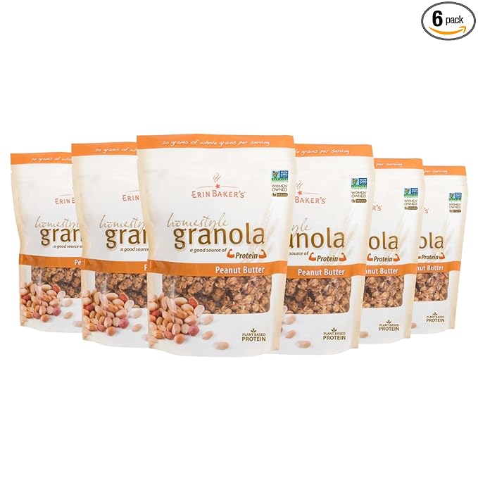 Erin Baker’s Homestyle Peanut Butter Granola with Ancient Grains - Made from Natural Ingredients Crunchy Texture Versatile Snack or Cereal - Vegan Friendly Non-GMO Resealable 12oz Bags 6‑Pack