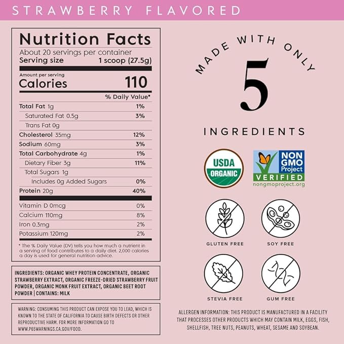 Truvani Organic Whey Protein Powder | Strawberry | 20g Grass Fed Whey Protein | 20 Servings | USDA Organic &amp Non-GMO | Gluten Free | No Gums No Soy No Stevia No Added Sugars