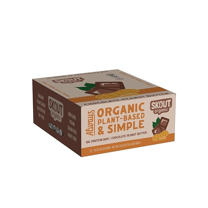 Skout Organic Plant-Based Protein Bars Chocolate Peanut Butter (12 Pack) 10g Protein - Vegan Protein Bars - Only 5 Ingredients - Easy Snack - Gluten Dairy &amp Soy Free