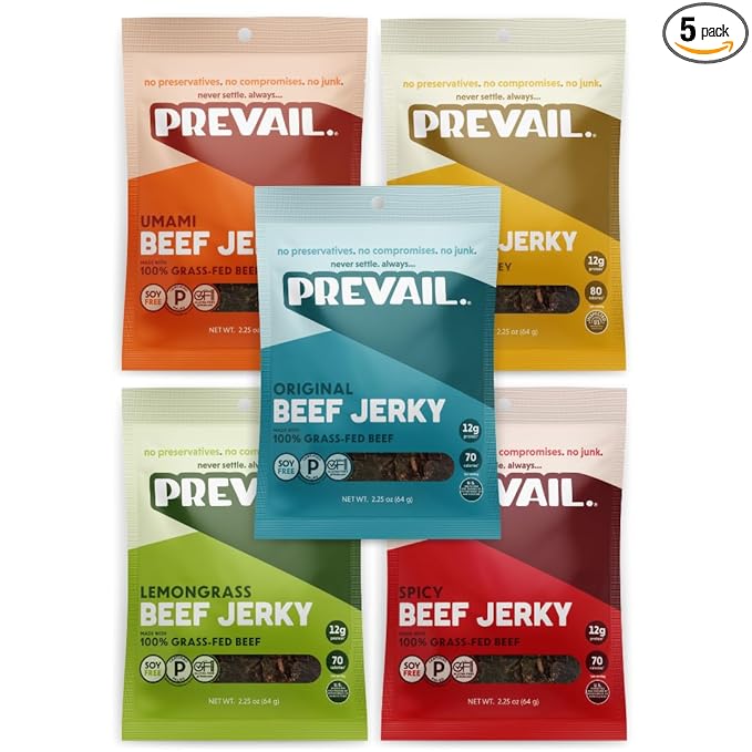 PREVAIL Beef &amp Turkey Jerky Variety Pack - Low Sodium and Gluten-free! I Original Beef Spicy Umami Lemongrass &amp Original Turkey - Pack of (5) bags I Our Gourmet Jerky is Paleo Certified So