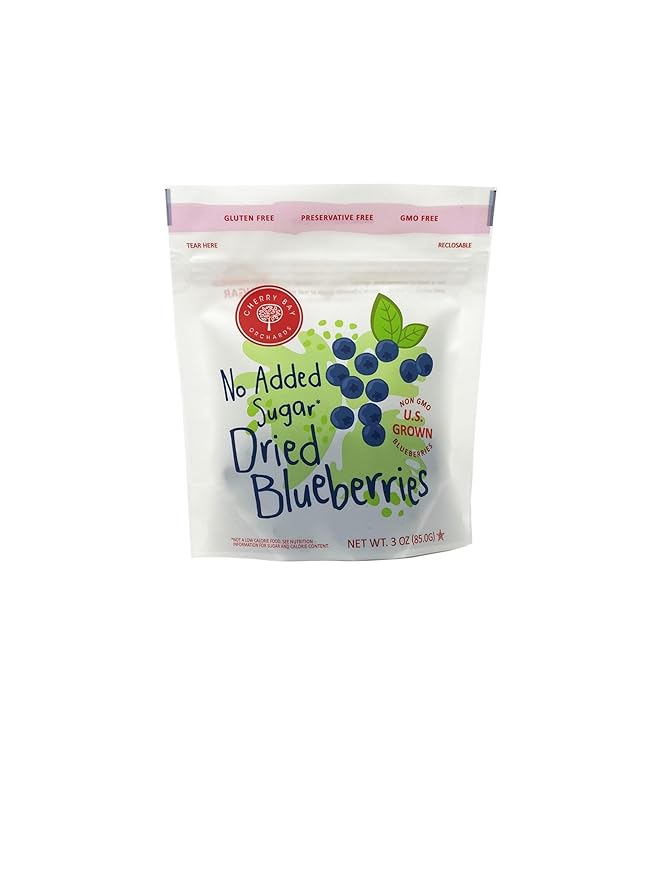 Cherry Bay Orchards Dried Blueberries (3oz 2 Pack 6 oz Total) - No Added Sugar 100% Domestic All Natural Kosher Certified No Preservatives Gluten Free &amp GMO Free - Packed in a Resealable Pou