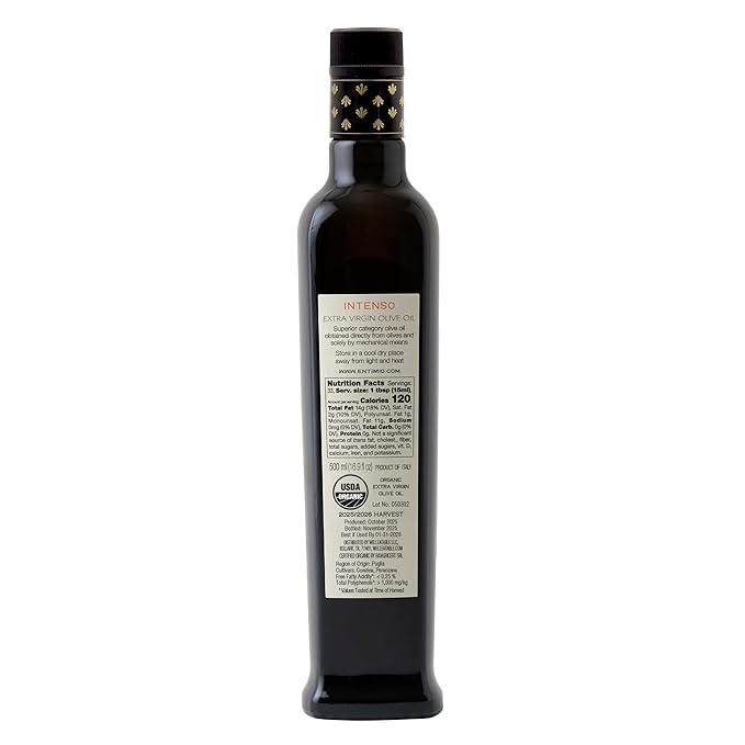 Entimio Intenso Organic Italian Extra Virgin Olive Oil from Italy 1000+ mg/kg High in Polyphenols 2025 Gold Winner Puglia Early Harvest evoo Cold Extracted Lab Tested - 16.9 fl oz