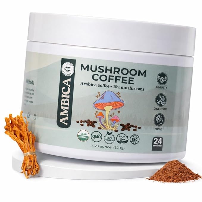 Ambica Instant Mushroom Coffee Ground USDA Organic With Ten Mushroom Coffee with Lion’s Mane Reishi Cordyceps &amp Chaga for Immnue Support &amp Gut Health Better Energy &amp Focus 24 Servings