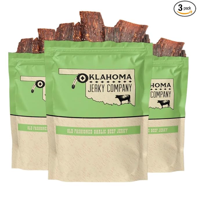 Old Fashioned Garlic Beef Jerky - No Frills Tough and Old Style Dry Beef Jerky - All Natural Gluten Free No Added Preservatives and No Added MSG Healthy Protein Snacks 2 oz (Pack of 3)