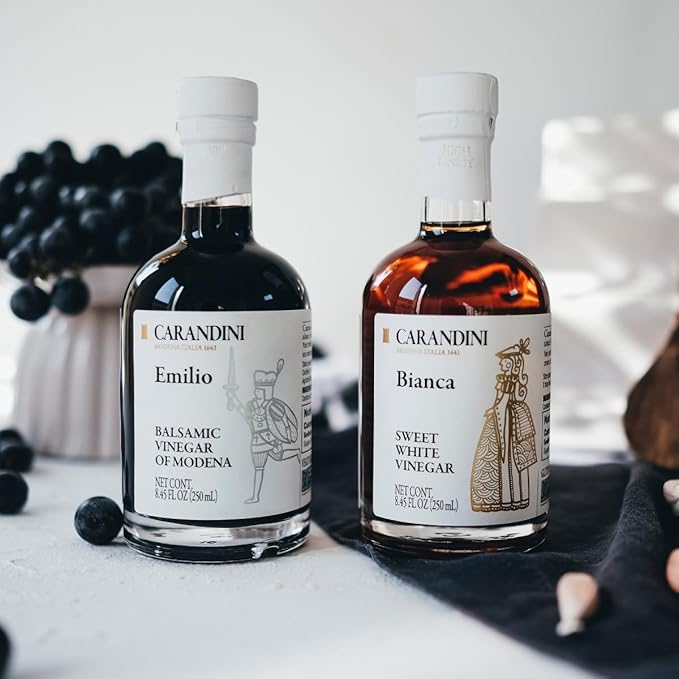 Carandini Emilio Silver Balsamic Vinegar of Modena PGI &amp Bianca Sweet White Vinegar Combo Set Premium Italian Vinegars Perfect for Mother's Day Gift | Made in Italy - 8.45 fl oz (2 Bottles)
