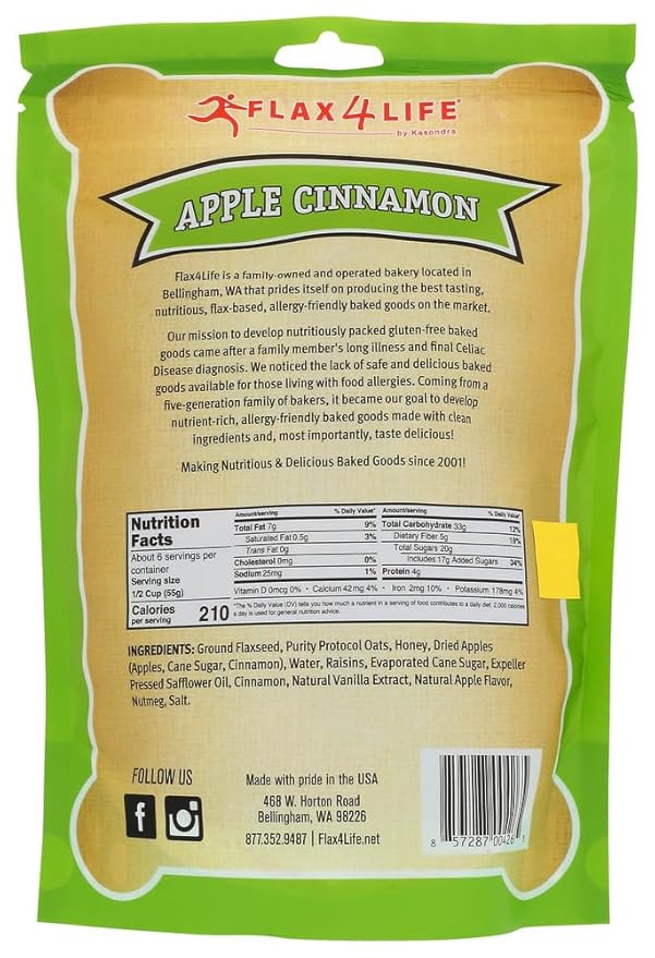 Flax 4 Life Gluten Free Snacking Granola Apple Cinnamon 11oz ( Pack of 6)