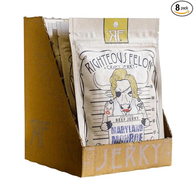 Righteous Felon Beef Jerky - Maryland Monroe Flavor - All-Natural Jerky - Locally Sourced &amp Dried Beef Jerky - Low-Sugar High-Protein Healthy Snacks - 2 Ounces 8 Pack