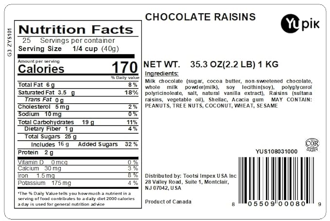 Yupik Milk Chocolate Covered Raisins 2.2 lb (35.2 oz) Kosher Raisins Dipped in Fine Milk Chocolate Smooth &amp Chewy Chocolate Candy Sweet Snacks Ideal for Topping &amp Baking