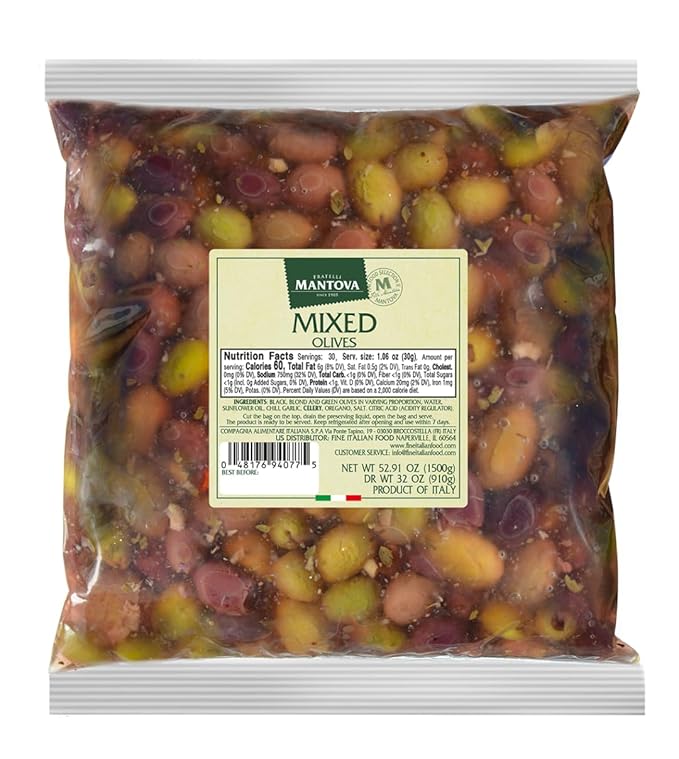 Mantova Mixed Olives in a Mild Brine with Herbs and Spices 52.91 oz. (3.3 lb.) (Pack of 1) Product of Italy Non-GMO Gluten-Free Cholesterol-Free Vegan-Friendly Paleo-Friendly