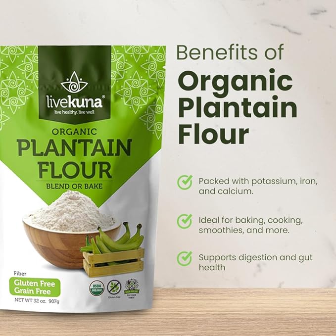 LiveKuna Organic Plantain Flour - Gluten Free All Purpose Flour Alternative For Baking &amp Cooking Recipes - Grain Free Vegan Plantain Flour Rich In Fiber &amp Vitamins for Keto &amp Paleo Diets