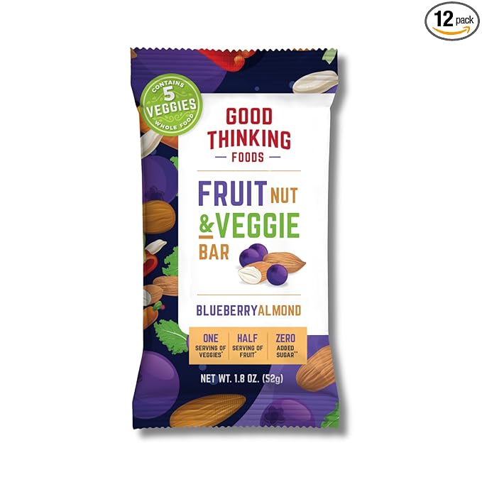 Good Thinking Foods Fruit &amp Veggie Bars-Blueberry Almond | Vegetarian High Fiber (12g) Whole Food Bar Organic Fruit Real Vegetables Healthy Fats Antioxidants No Added Sugar Great Tasting