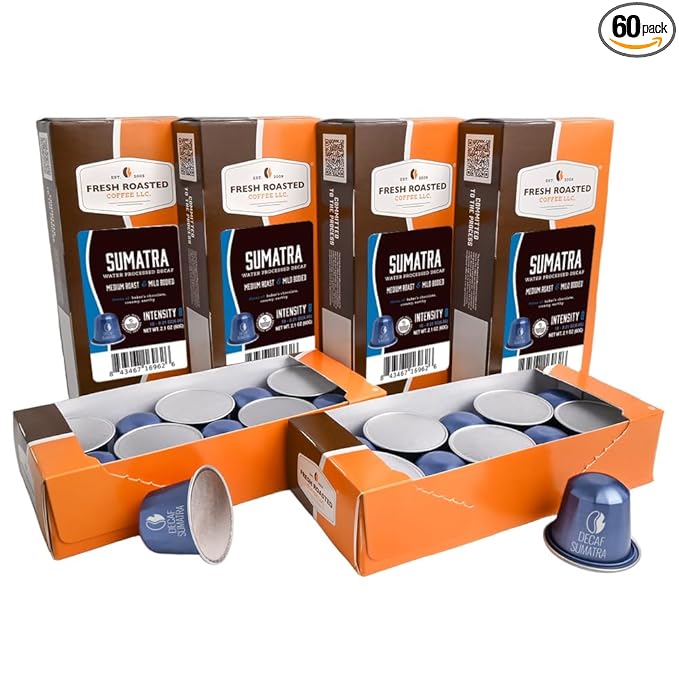 Fresh Roasted Coffee Espresso Pods for Nespresso OriginalLine Sumatra Water Process Decaf 60 Recyclable Aluminum Capsules