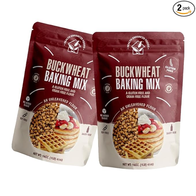 Health Enhanced Foods Gluten-Free Buckwheat Baking Mix [2 Pack - 16 oz / 1 LB] - Pancake Waffle Cookie &amp Muffin Mix - Nut-Free Grain-Free Soy-Free Dairy-Free No Added Sugar Low Glycemic