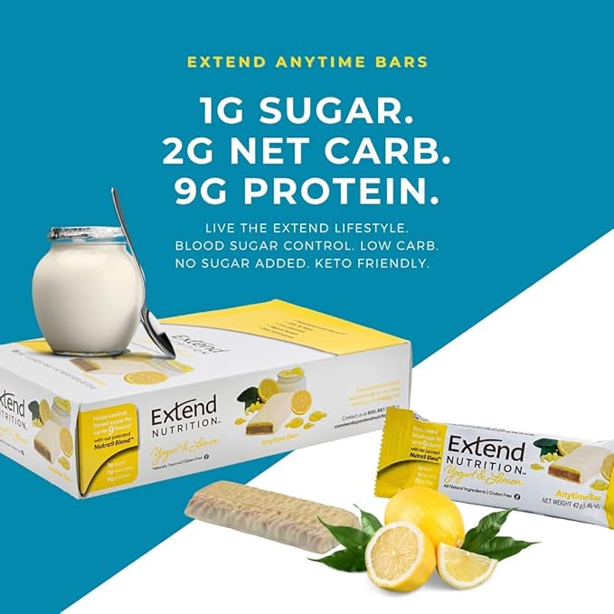 Extend Nutrition - Diabetic Food Nutrition Bars to Help Control Hunger and Manage Blood Sugar Low Carb Low Glycemic Keto Friendly Weight Management Diabetic Snacks Yogurt &amp Lemon (15 Count)