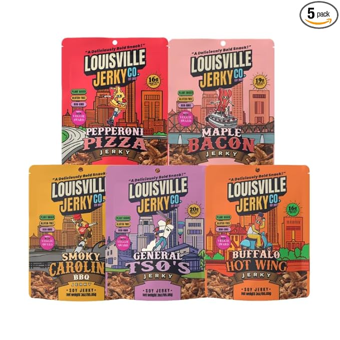 Louisville Jerky Co. Vegan Jerky Variety Pack Plant Based Protein Snack (3 Ounce 5-Pack) – Smoky Carolina BBQ Buffalo Hot Wing Maple Bacon Smoked Black Pepper General Tso