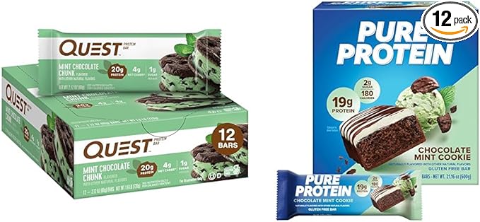 Quest Nutrition Mint Chocolate Chunk Protein Bars 12 Count and Pure Protein Chocolate Mint Cookie Protein Bars 12 Count Bundle