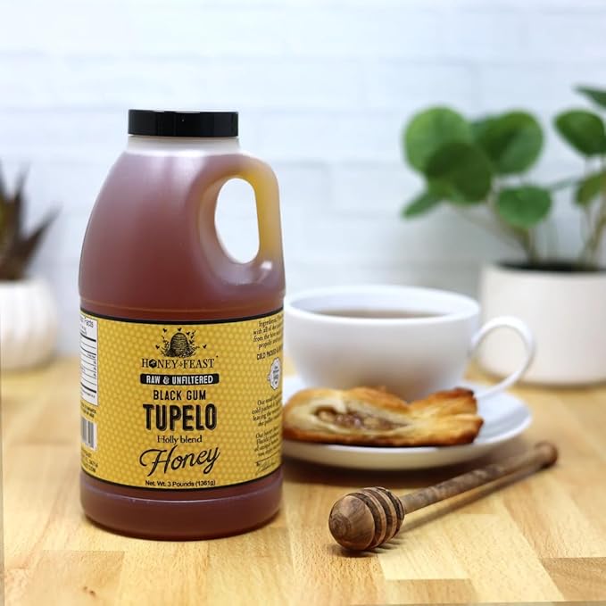 HONEY FEAST Raw Black Gum Tupelo Honey 3 Pounds (Pack of 4) Unfiltered &amp Pure Superfood – From Organic American Floral Sources