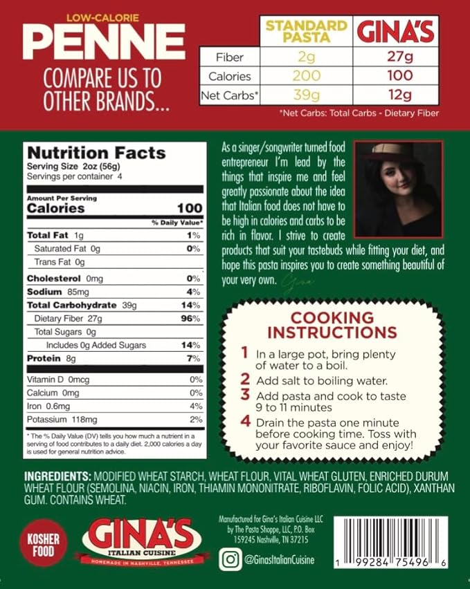 Gina's Italian Cuisine Low Carb/Low Calorie Healthy Pasta Penne – 100 Calories/Serving Low Net Carbs High Fiber High Protein Plant-Based Vegan Keto Non-GMO Enhanced Nutrients Delicious Authen