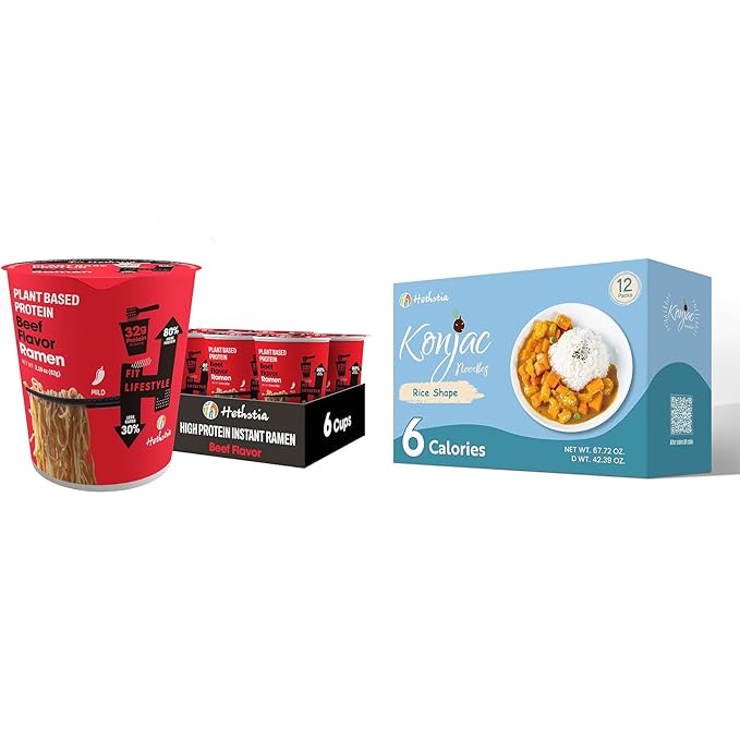 Hethstia High Protein Ramen Cup &amp Konjac Rice Bundle – Spicy Beef Protein Ramen Soup with Low-Carb Shirataki Rice Vegan Non-Fried Low Fat Healthy Ready-to-Eat Meal