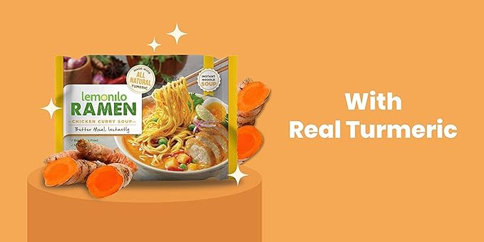 Lemonilo Ramen - Chick'n Curry Soup - Healthy Instant Ramen - Oven-Baked Noodles with Tumeric - Made with All-Natural Ingredients - Quick Meal Kit (2.57 Oz) - Pack of 24