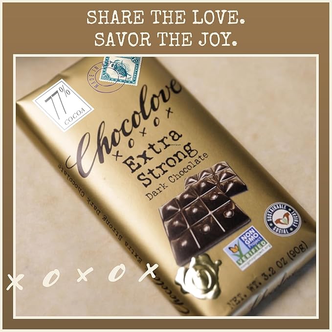 Chocolove Extra Strong Dark Chocolate Bars | 77% Cocoa | Strong &amp Smooth Premium Dark Chocolate | Rainforest Alliance Certified Non-GMO 3.2 oz Bar (12 Pack)