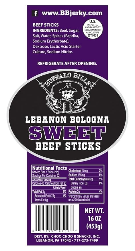 Buffalo Bills 1-lb Pack Sweet Lebanon Bologna Sticks (Pennsylvania Dutch sweet beef sticks)