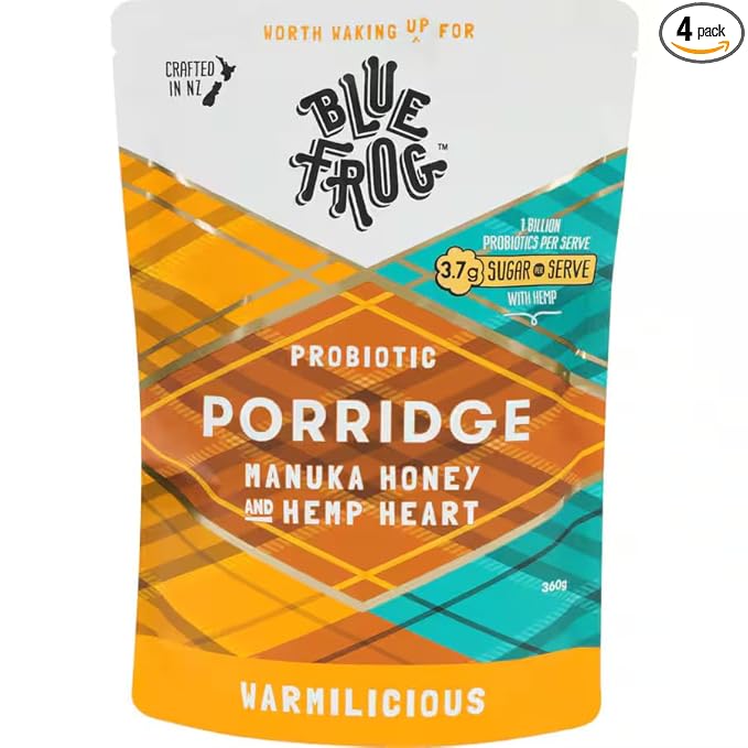Probiotic Oat Porridge By Blue Frog Breakfast - A Delicious Vegan Instant Porridge from Rolled Oats - Manuka Honey and Hemp Heart 360g ( Pack of 4) (Made in New Zealand)