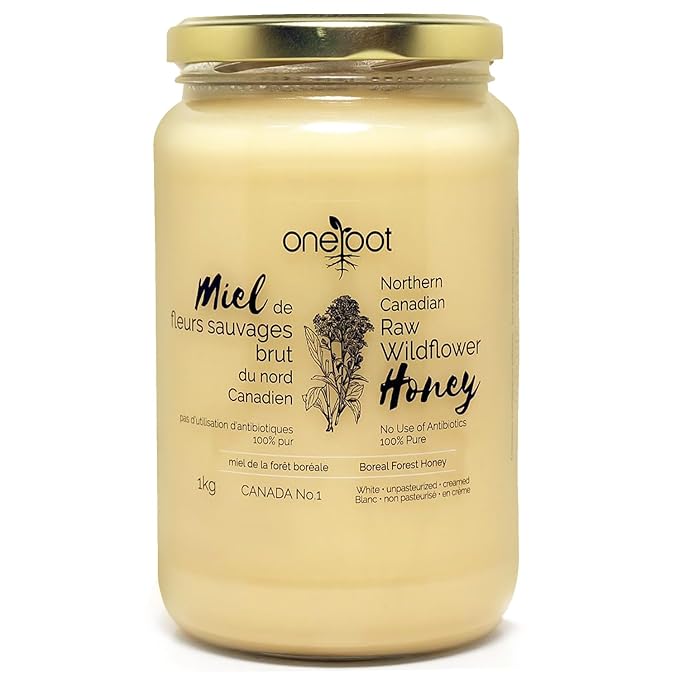 Oneroot 100% Canadian Wildflower Honey - 1kg / 2.2lbs Unheated &amp Creamed - Nutrient-Rich Natural Sweetener with Enzymes - Thick &amp Pure Raw Unfiltered Honey
