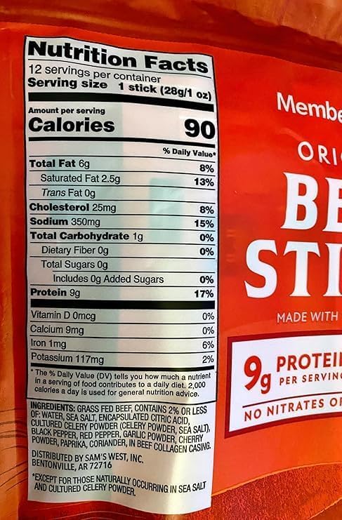 Member Mark Original Grass-Fed Beef Snack Sticks 12-Count (1 oz Each) | 100% Grass-Fed High-Protein Snack | Gluten-Free Keto-Friendly Beef Jerky Sticks for On-the-Go Energy