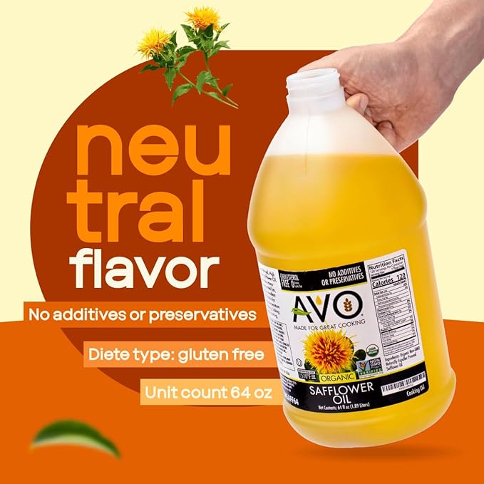 AVO Organic Safflower Oil for Cooking Frying Baking Salads Vinaigrette Marinades. General Cooking Oil 64 Fl-oz (Half a Gallon) No preservatives Naturally Processed High Smoke Point 465°F