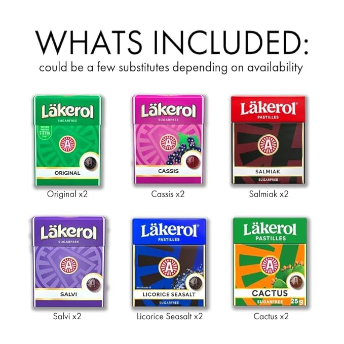 Lakerol Läkerol Sugarfree Pastilles 6-Flavor Variety: Two 0.8 oz packages each in a SOPOSOPO Box (Total of 12 items) SÖPÖSÖPÖ Box