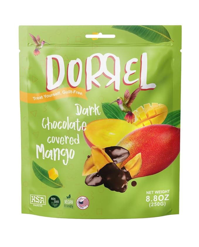 DORREL - Belgian Dark Chocolate Covered Mango Slices High Energy Vegan Choco Snack Delicious Kosher &amp Non-GMO Pack of 1 Dark Chocolate Fruit Bites 8.8 oz / 250 g Ea