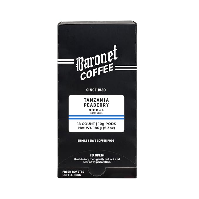 Baronet Coffee Pods [Tanzania Peaberry-54 Pods] Single Cup Use for Basket Brew [3 Boxes of 18 Single Serve 10 Gram] Regular Strength Medium Roast [Tanzania Peaberry]