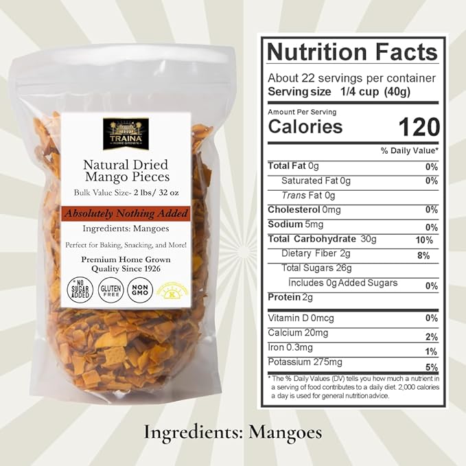 Traina Home Grown Dried Natural Mango Slices – No Sugar Added Non-GMO Gluten-Free Vegan Healthy Real Fruit Snack in Resealable Pouch (2 lbs)