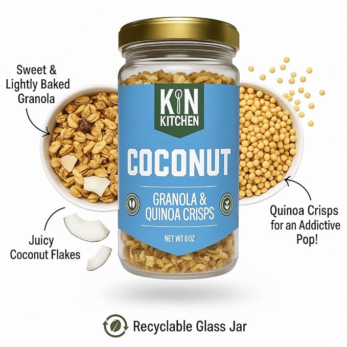 Kin Kitchen non-GMO Granola &amp Organic Quinoa Crisps in a Glass Jar Recyclable and Resusable. Made with Real Fruit. No Aritificial Colors Flavors or Perservatives. Made in USA with Globally Sour