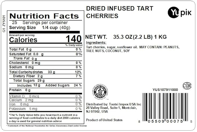 Yupik Dried Cherries 2.2 lb (35.2 oz) Gluten-Free Kosher Sweetened Dried Fruits Tart &amp Sweet Whole Cherries Pitted Source of Fiber Fruity Snacks Ideal for Baking &amp Topping