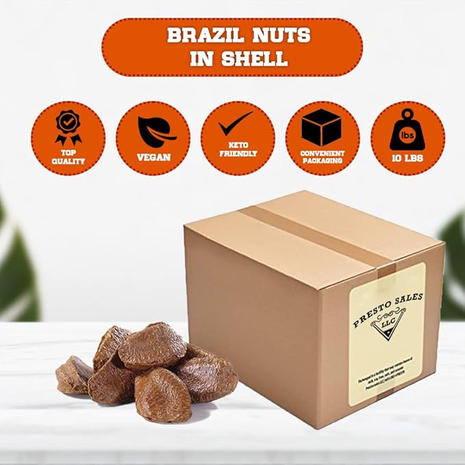 Brazil Nuts In shell Polished Large 160 oz. Raw Brazil Origin KETO Vegan Non-GMO And Natural Whole Superior High-Protein &amp Easy to Crack Packed in a convenient Box/Bag of 10 lbs. by Pres