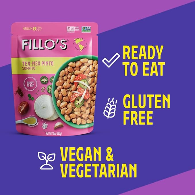 Fillo's Tex Mex Pinto Beans - Ready to Eat Beans Gluten-Free Preservative-Free Microwavable Non-GMO Vegan Friendly Plant Protein 10 oz Pk of 6