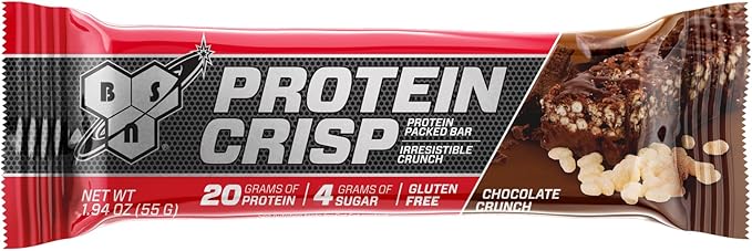 BSN Protein Crisp Bar Chocolate Crunch 20 Gram Protein Snack Bars with Whey and Fiber Gluten-Free Crunchy Energy Bars for Workout Fitness On-the-Go 12 Count