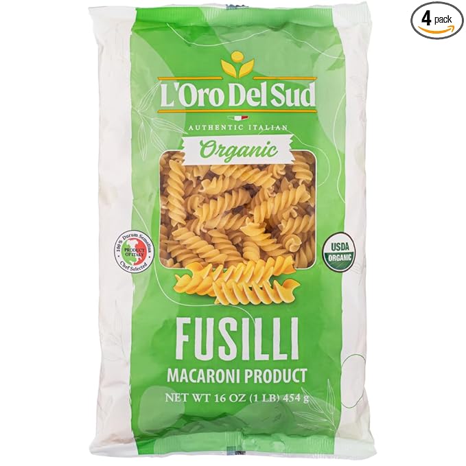 Organic Fusilli Pasta 100% Durum Wheat Italian Pasta Premium Quality Product of Italy (4 pack x 16 Oz) Non GMO Vegan Kosher Certified by L'Oro del Sud