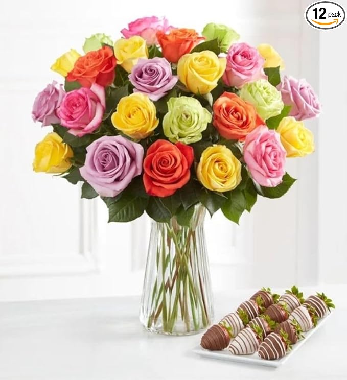 Shari’s Berries 24 Assorted Roses with Vase &amp 12 Gourmet Chocolate Covered Strawberries Gift Set| Flower &amp Chocolate Gift Delivery for Valentine's Day Anniversary Birthday &amp Thank You