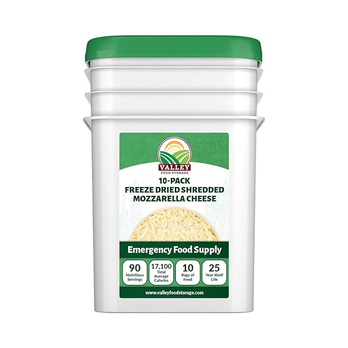 Freeze Dried Shredded Mozzarella Cheese 10-Bag Bucket 95 Oz | Premium Emergency Food Supply 25 Year Shelf Life | Non-GMO Prepper Supplies Survival Food Off Grid Living Supplies | Valley Food Storage
