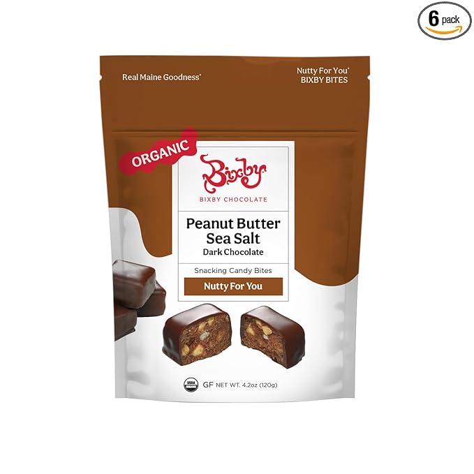 Bixby Organic Dark Chocolate Crunchy Peanut Butter Sea Salt Bites - Gluten Free Kosher Non-GMO Chocolate Clusters - Organic Dark Chocolate Snacks - Resealable 4.2oz Bags - Pack of 6 Bags