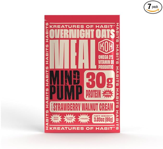 Kreatures of Habit MEAL ONE | Overnight &amp Instant Superfood Protein Meal Replacement | Gluten Free Dairy Free 30g of Plant Based Protein With No Added Sugar | Strawberry Walnut Cream | Pack of